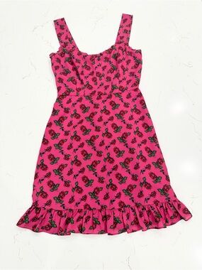 NWT Betsey Johnson Coquette Hot Pink Rose Print Ruffle Mini Dress. 🌹🎀